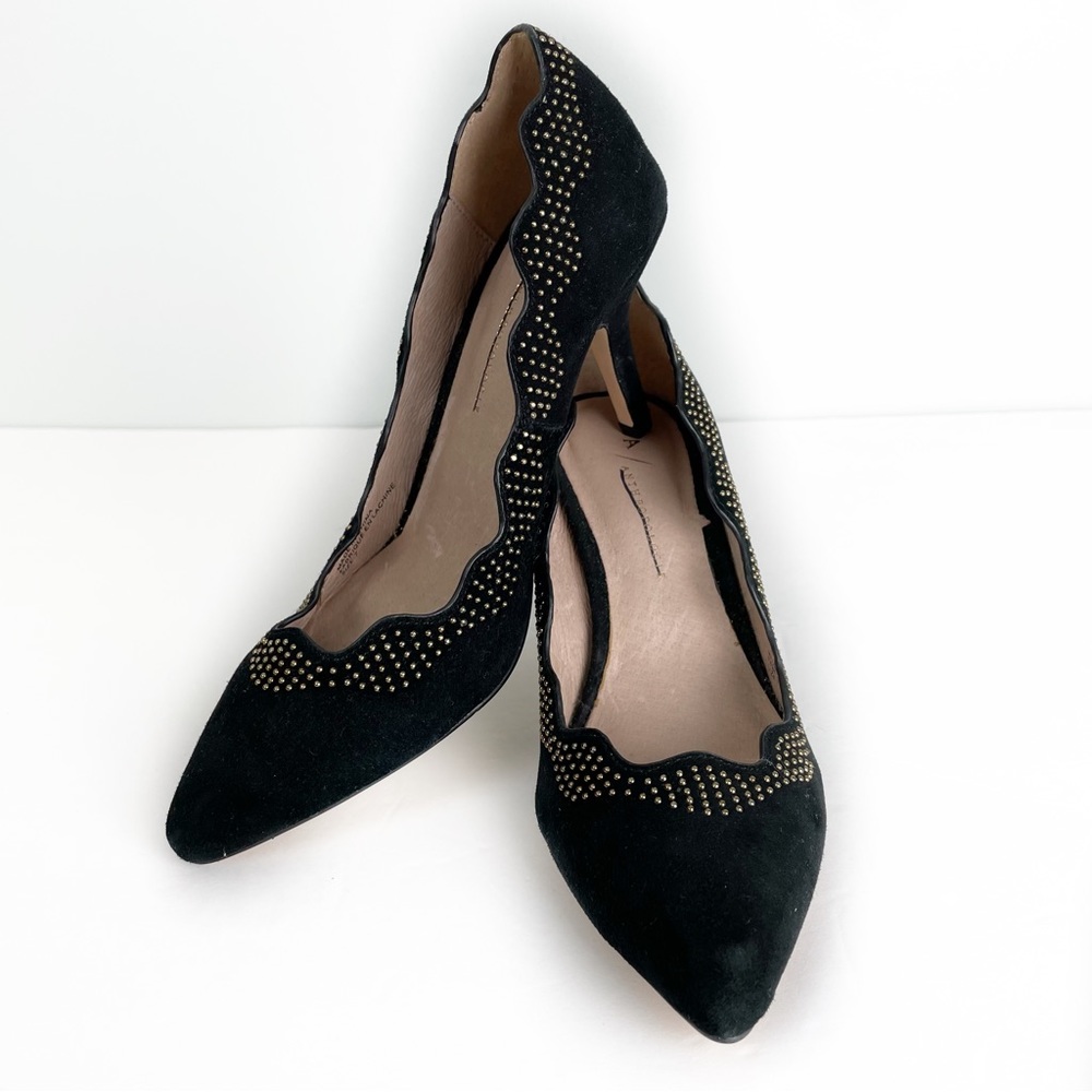 Anthropologie Scalloped Studded Black Suede Pumps Heels